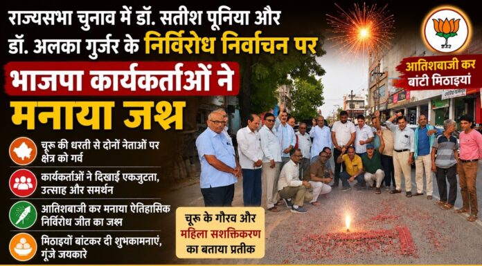 राज्यसभा चुनाव में डॉ. सतीश पूनिया और डॉ. अलका गुर्जर के निर्विरोध निर्वाचन पर भाजपा कार्यकर्ताओं ने मनाया जश्न