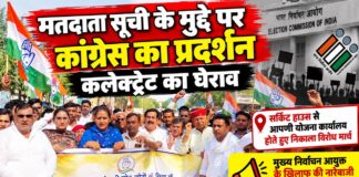 मतदाता सूची के मुद्दे पर कांग्रेस का प्रदर्शन, कलेक्ट्रेट का घेराव चूरू में मतदाता सूची में कथित अनियमितताओं के विरोध में कलेक्ट्रेट पर प्रदर्शन करते कांग्रेस नेता और कार्यकर्ता