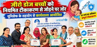 जीरो डोज बच्चों को नियमित टीकाकरण से जोड़ने पर जोर, यूनिसेफ के सहयोग से कार्यशाला आयोजित चूरू पंचायत समिति सभागार में जीरो डोज कार्यक्रम के तहत आयोजित जिला स्तरीय टीकाकरण जागरूकता कार्यशाला में शामिल अधिकारी और प्रतिनिधि