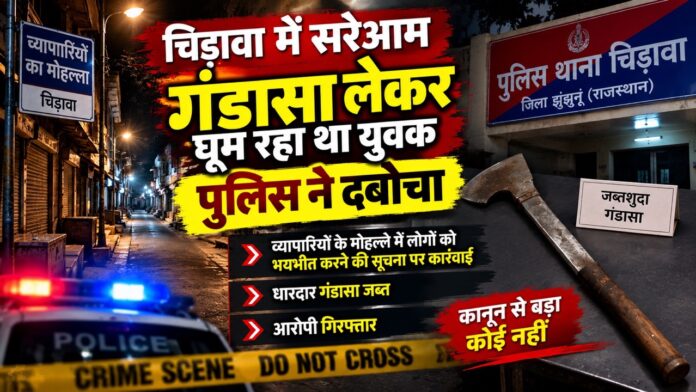 10 Large चिड़ावा में गंडासा लेकर घूम रहे युवक के खिलाफ पुलिस कार्रवाई