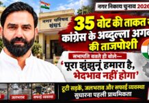 झुंझुनूं सभापति अब्दुल्ला अगवान को 35 वोट, मनु धनखड़ को 25 झुंझुनूं नगर परिषद सभापति अब्दुल्ला अगवान चुनाव जीतने के बाद