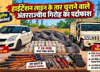 सिंघाना पुलिस की कार्रवाई में हाईटेंशन बिजली लाइन के चोरी के तार, वाहन और तार काटने के उपकरण बरामद