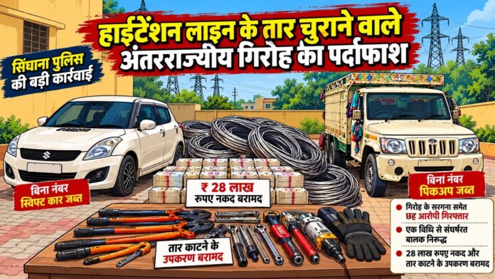 3 Large सिंघाना पुलिस की कार्रवाई में हाईटेंशन बिजली लाइन के चोरी के तार, वाहन और तार काटने के उपकरण बरामद