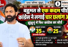 बहुमत से एक कदम पीछे कांग्रेस ने लगाई चार छलांग आगे, झुंझुनूं में फिर कांग्रेस का बोर्ड झुंझुनूं नगर परिषद के नवनिर्वाचित सभापति अब्दुल्ला गुलाम नबी अगवान समर्थकों का अभिवादन करते हुए