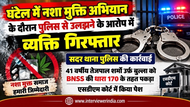 Hindi News Graphic_ Police Arrest and Anti-Drug Campaign Large Medium चूरू के घंटेल गांव में नशा मुक्ति अभियान के दौरान सदर थाना पुलिस की कार्रवाई और तेजपाल शर्मा की गिरफ्तारी से संबंधित समाचार