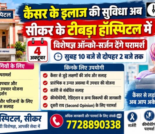 कैंसर के इलाज की सुविधा अब सीकर के टीबड़ा हॉस्पिटल में, 4 अक्टूबर को विशेषज्ञ ऑन्को-सर्जन देंगे परामर्श सीकर के टीबड़ा हॉस्पिटल में कैंसर विशेषज्ञ परामर्श के लिए डॉ. रविकांत थोरी